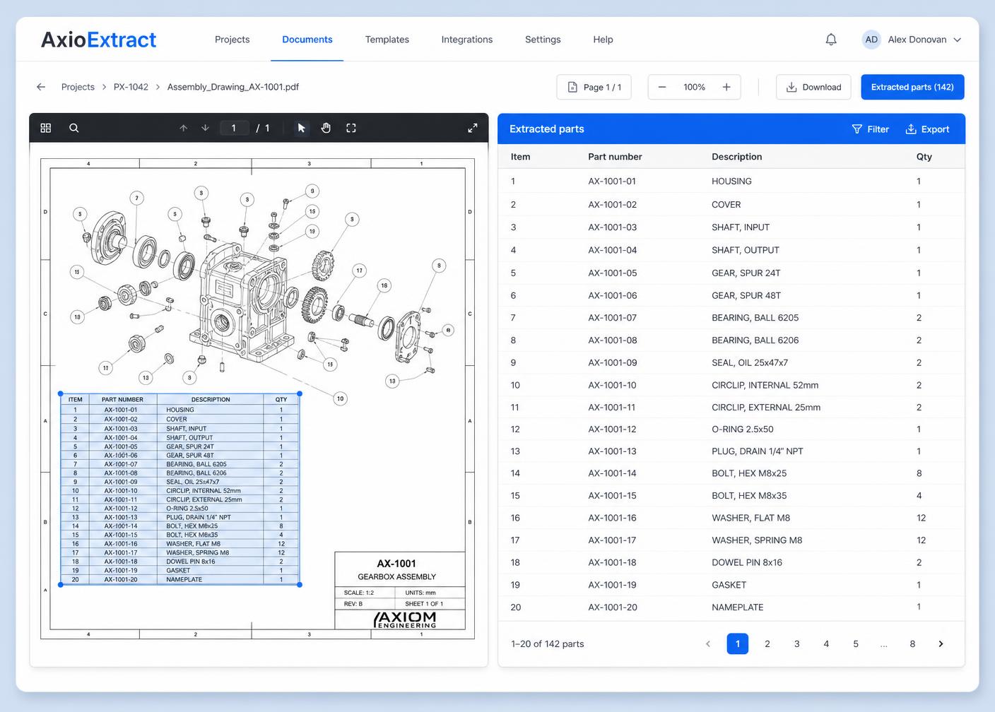AxioExtract review screen showing an engineering assembly drawing beside the extracted parts list table